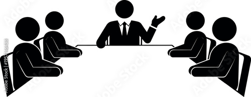 Business meeting with people sitting around a table and one person gesturing