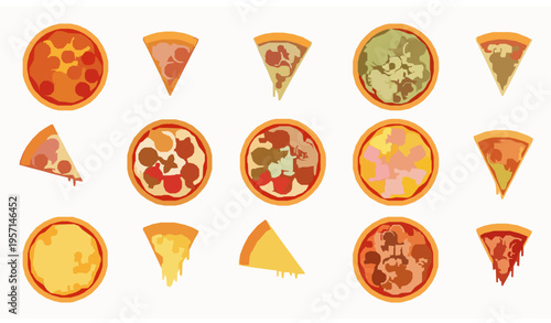 Pizza set vector collection with whole and slice variations colorful flat illustration