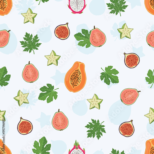 Seamless pattern with tropical fruit slices papaya dragon fruit fig guava and carambola
