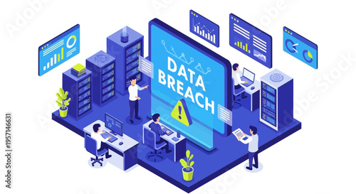 Cyber security experts investigate data breach in office environment with servers and computers.