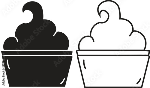 Two black and white icons of a dessert bowl with a swirl of soft serve or whipped cream, one solid and one outline.
