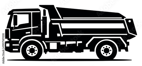 Black graphic of a construction dump truck, delivering raw materials for building and earthmoving projects
