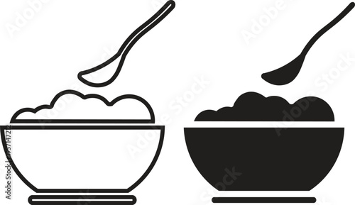 Two icons showing a bowl of food with a spoon, one in outline and one as a solid silhouette, representing a meal or snack.