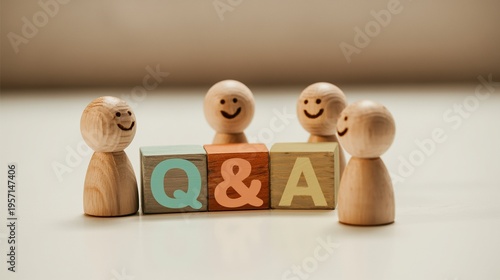 Miniature people standing behind Q and A wooden blocks