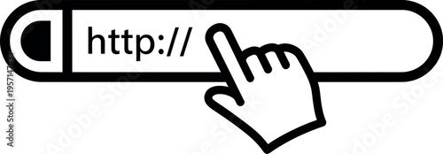 Black and white illustration of a hand clicking on a url bar