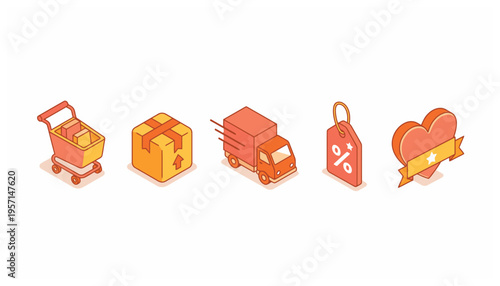 Shopping Delivery E commerce Discount and Loyalty Service Isometric Icon Set for Online Retail