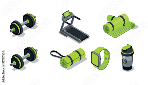 Fitness Equipment Isometric Icons Set for Gym Workout and Healthy Lifestyle