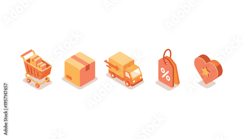 Ecommerce Icons Set with Shopping Cart Package Delivery Truck Discount Tag and Favorite Heart