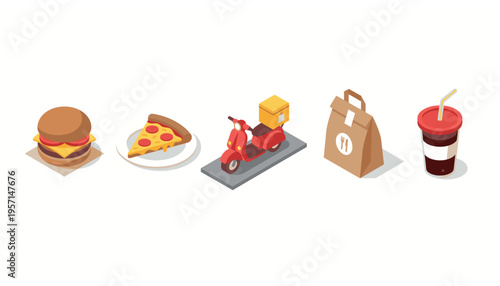 Delivery Service Isometric Icon Set with Fast Food Items and a Scooter