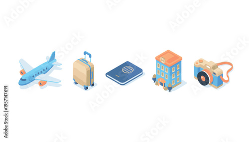 Travel Vacation Isometric Icons Set Featuring Airplane Suitcase Passport Hotel Camera