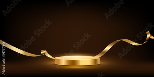Gold award podium with flowing golden ribbon. Luxury stage platform. Elegant 3d empty round pedestal on dark background for product placement, winners ceremony. Abstract vector illustration.