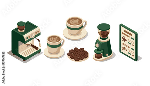 Coffee Isometric Illustration Set Featuring Espresso Machine Grinder Cups Beans and Menu Board