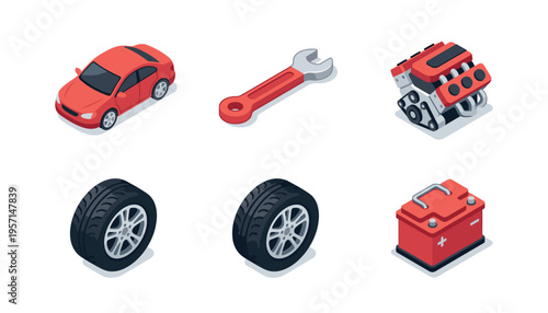 Automotive Car Repair and Maintenance Isometric Icons Set with Engine Wrench Battery and Wheels