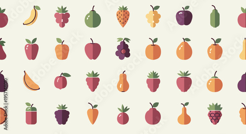 Colorful Flat Fruit Icons Seamless Pattern: Healthy Food, Organic Produce, Vegan Diet