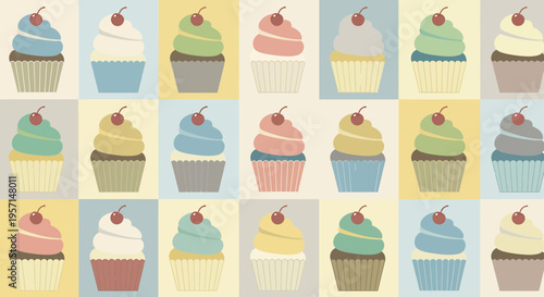 Colorful Cupcakes Pattern, Retro Style, Sweet Desserts, Food Background