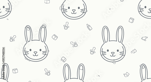Cute Bunny Rabbit Baby Shower Seamless Pattern, Nursery Decor, Kawaii Animal Illustration