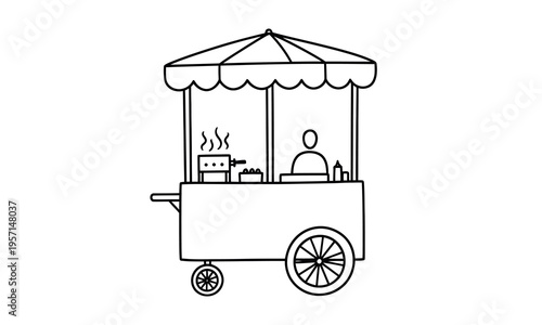 Silhouette of a street food cart with vendor serving delicious cuisine