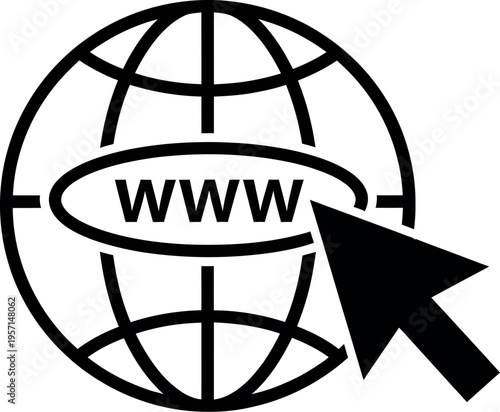 Black and white illustration of a globe with www text and a pointing arrow