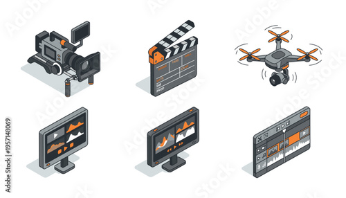 Video Production Filmmaking Tools and Post Production Editing Software Interface Isometric Illustration