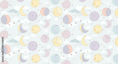 Cute Pastel Moon Phases Seamless Pattern with Clouds and Stars