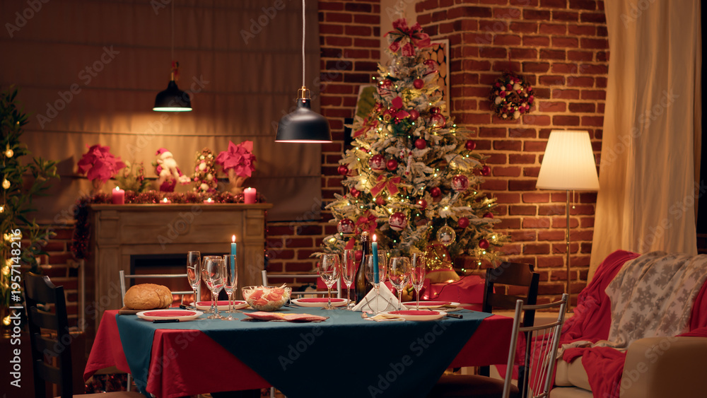Obraz premium Cozy and warm looking dining room with seasonal and positive style with nobody in it. Empty interior of festive traditional Christmas dinner table with authentic decorations and dinnerware.