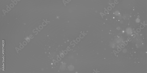 Silver dust shimmers in soft light, sparkle, glitter over airy bokeh. Twinkle particle, stardust highlights flare while sparks, glare, lens flare enhance magical festive PNG vector illustration.