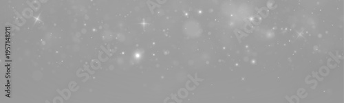 Silver glitter dust sparkles in glowing light with shimmer, twinkle across soft bokeh. Particle stardust highlights flare while sparks glare, lens flare create magical festive PNG vector illustration.