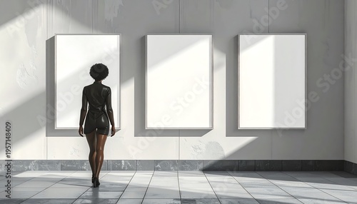 Woman in Art Gallery Looking at Blank Canvases.