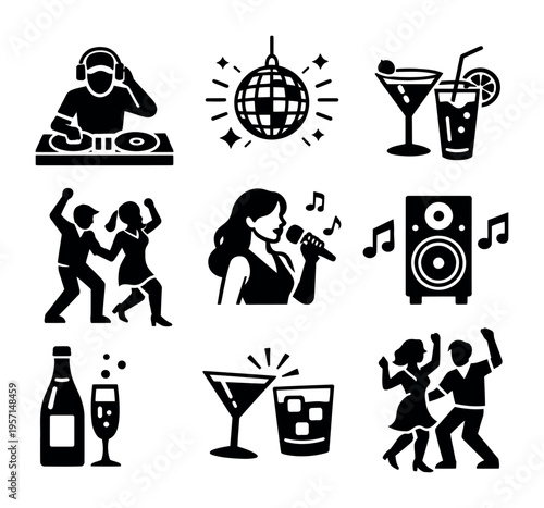 Collection of party and clubbing symbols, showing people enjoying music, dancing, and cocktails for entertainment concepts