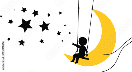 A silhouette of a child sitting on a yellow crescent moon swing with stars