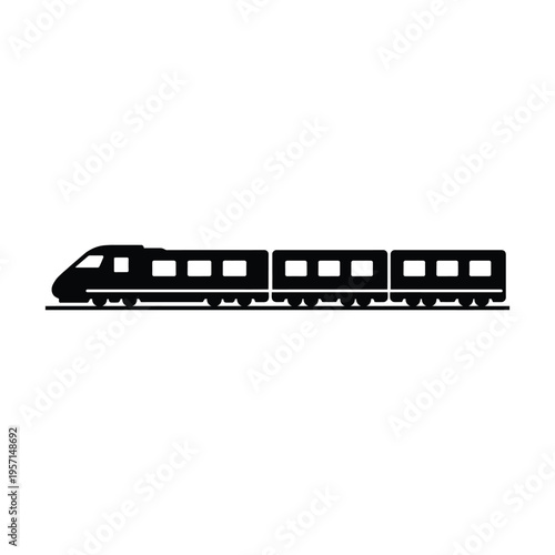 A minimalist black silhouette vector icon depicting a modern high speed passenger train on track