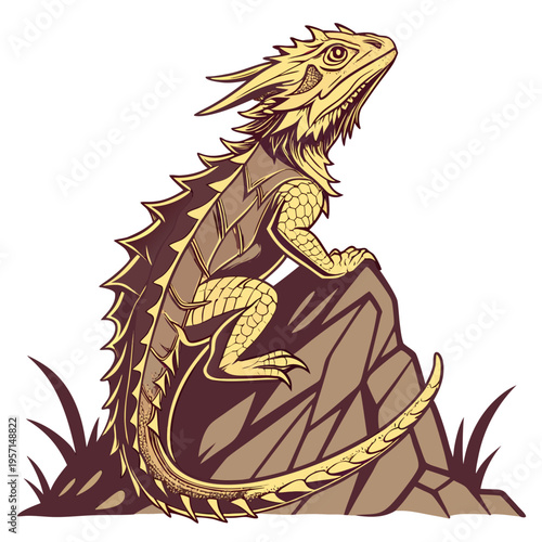 Vector illustration of a gold and brown bearded dragon on a rock