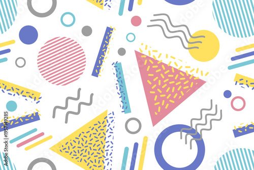 Memphis design seamless repeat pattern. Memphis 80s geometric colorful creative design vector illustration. For textile, texture, fabric wrapping, decorative, wallpaper, shirts, clothing, tablecloth