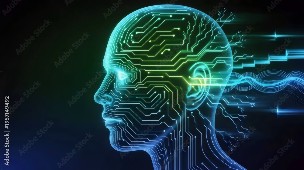 Obraz premium Human profile circuitry with binary code data streams – Perfect for philosophy tech discussions, human-AI synergy, or creative AI tools.