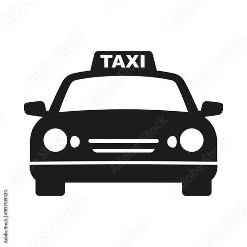 A minimalist black and white graphic icon of a front view taxi cab with a clearly visible roof sign