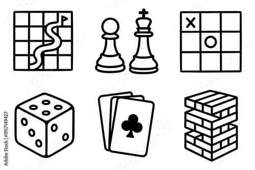 Board games outline icons set in minimalist line art vector style with classic tabletop elements