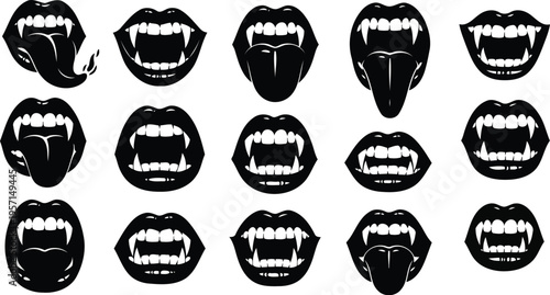 Black vampire fangs and lips silhouette vector icon set