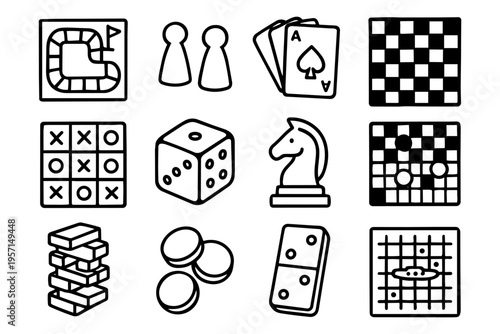 Board games outline icons set in minimalist line art vector style with classic tabletop elements