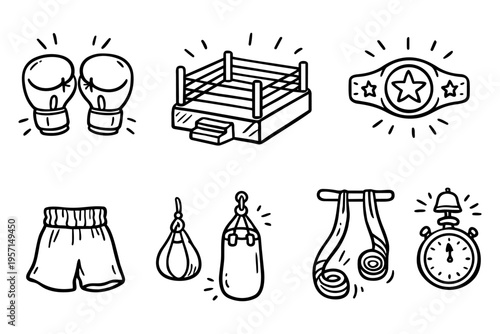Boxing sport outline icons set in minimalist line art vector style with fight equipment and championship elements
