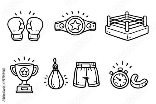 Boxing sport outline icons set in minimalist line art vector style with fight equipment and championship elements