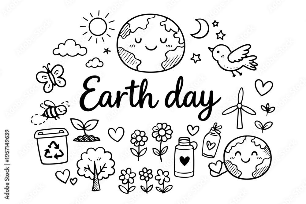 Fototapeta premium Earth day doodle illustration in cute line art vector style with eco and environmental elements