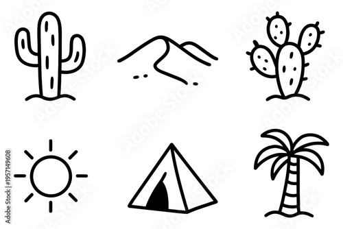 Desert outline icons set in minimalist line art vector style with cactus, camel and landscape elements