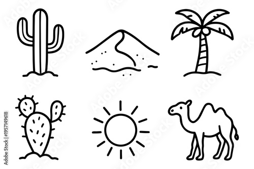 Desert outline icons set in minimalist line art vector style with cactus, camel and landscape elements