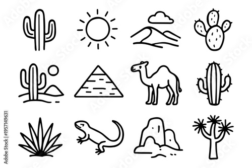Desert outline icons set in minimalist line art vector style with cactus, camel and landscape elements