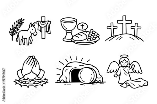 Easter christian outline icons set in minimalist line art vector style with bible and religious symbols