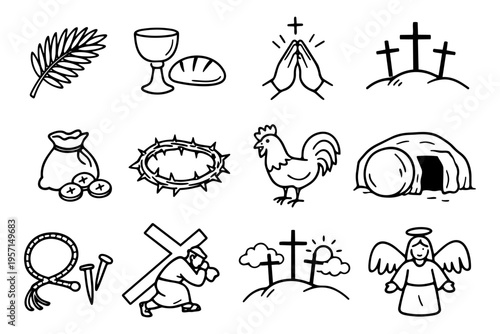 Easter christian outline icons set in minimalist line art vector style with bible and religious symbols