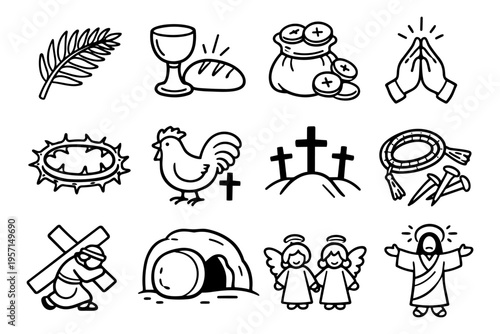 Easter christian outline icons set in minimalist line art vector style with bible and religious symbols