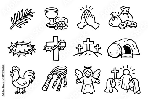 Easter christian outline icons set in minimalist line art vector style with bible and religious symbols