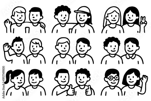 Friends people outline icons set in minimalist line art vector style with friendship and social interaction characters