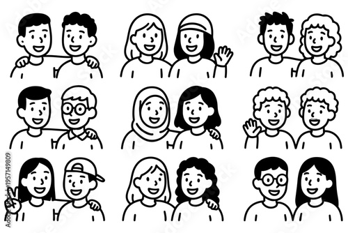 Friends people outline icons set in minimalist line art vector style with friendship and social interaction characters
